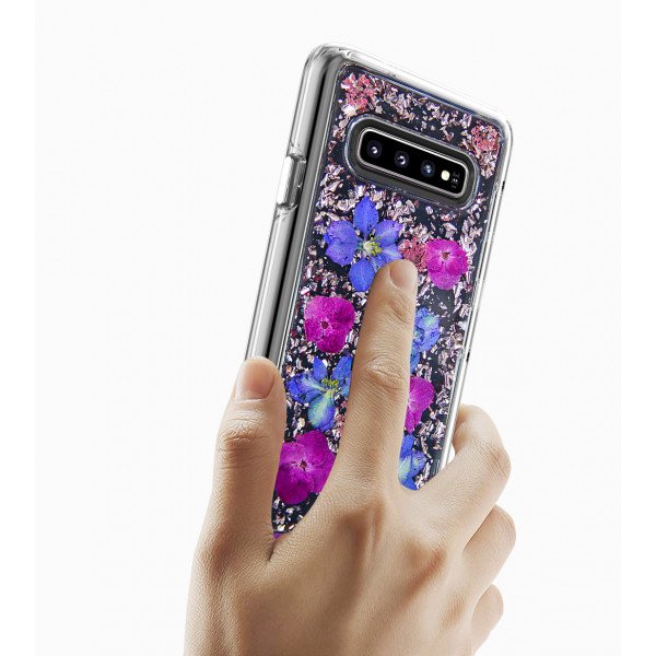 Wholesale Galaxy S10+ (Plus) Luxury Glitter Dried Natural Flower Petal Clear Hybrid Case (Rose Gold Purple)